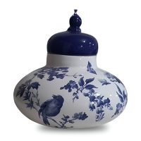 بانکه سرامیکی دربدار طرح گل و پرنده آبی سفید